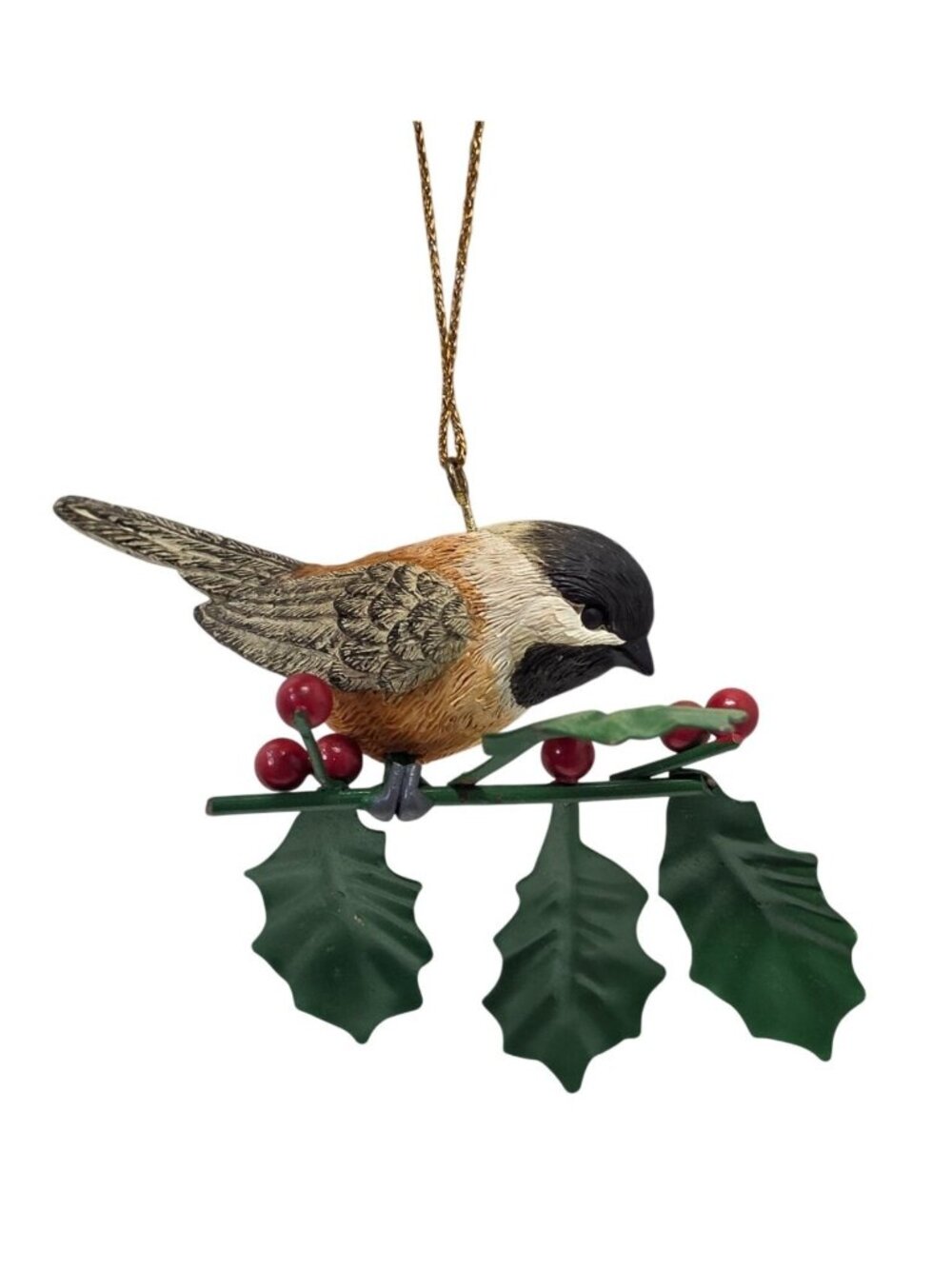 Black Capped Chickadee Bird Christmas Ornament Holly Berries Metal Leaves